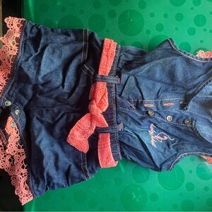 Denim Romper with Pink Lace Accents
